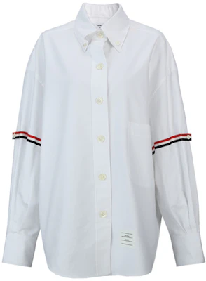 (Women) THOM BROWNE White RWB Striped Satin Point Collar Long Sleeve Shirt. FLL079E-06177-100 Buy (Women) THOM BROWNE White RWB Striped Satin Point Collar Long Sleeve Shirt. FLL079E-06177-100