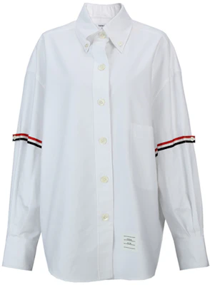 (Women) THOM BROWNE White RWB Striped Satin Point Collar Long Sleeve Shirt. FLL079E-06177-100 Order (Women) THOM BROWNE White RWB Striped Satin Point Collar Long Sleeve Shirt. FLL079E-06177-100
