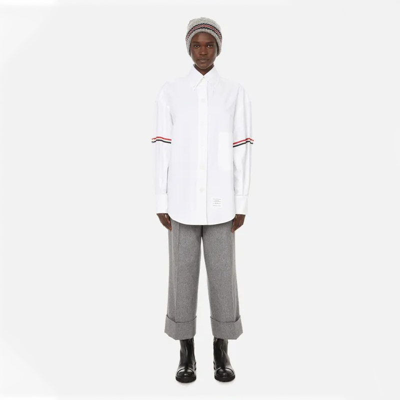 (Women) THOM BROWNE  White RWB Striped Satin Point Collar Long Sleeve Shirt. FLL079E-06177-100 圖 4