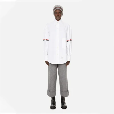 (Women) THOM BROWNE White RWB Striped Satin Point Collar Long Sleeve Shirt. FLL079E-06177-100 Shop (Women) THOM BROWNE White RWB Striped Satin Point Collar Long Sleeve Shirt. FLL079E-06177-100