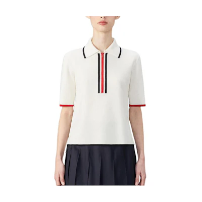 (Women) Thom Browne White Short Sleeve Polo Shirt FW24 - Casual & Comfortable. FKP109B-Y1037-100