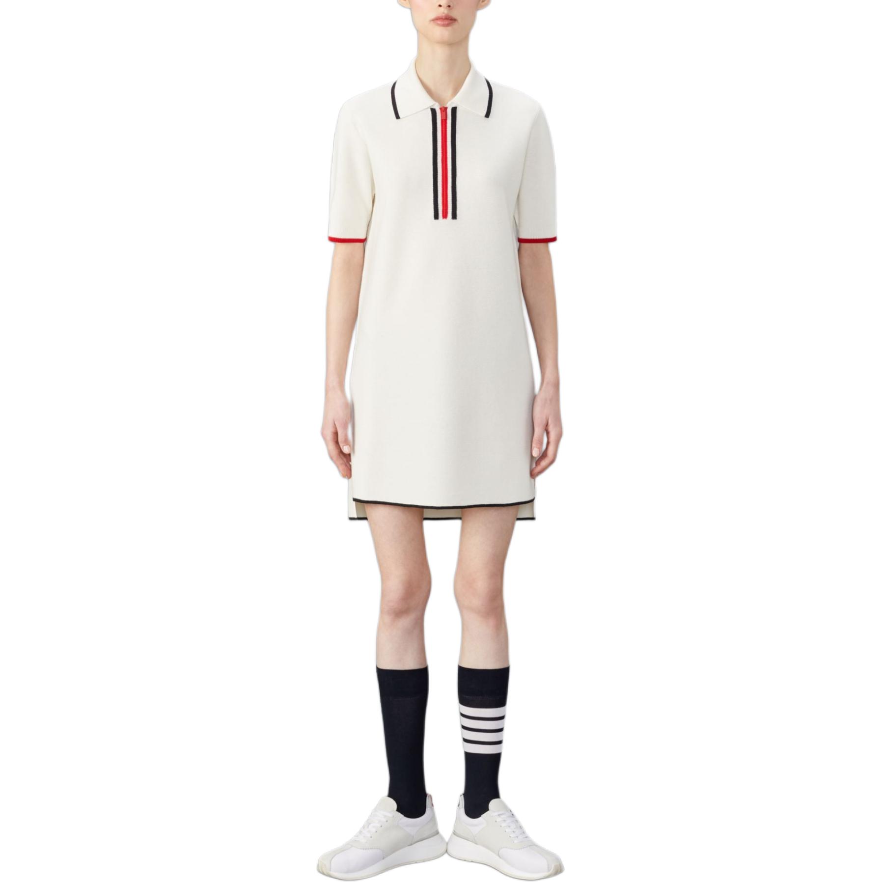 (Women) THOM BROWNE  White Side-Slit Knit Polo Mini Dress. FKD171B-Y1037-100