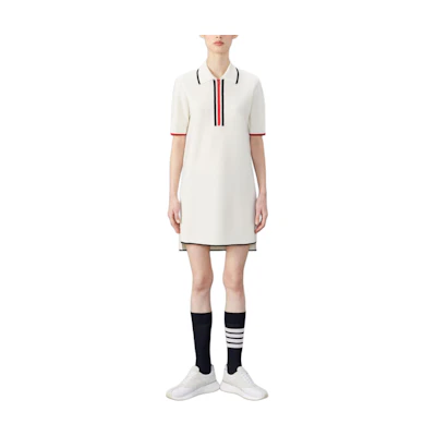 (Women) THOM BROWNE White Side-Slit Knit Polo Mini Dress. FKD171B-Y1037-100