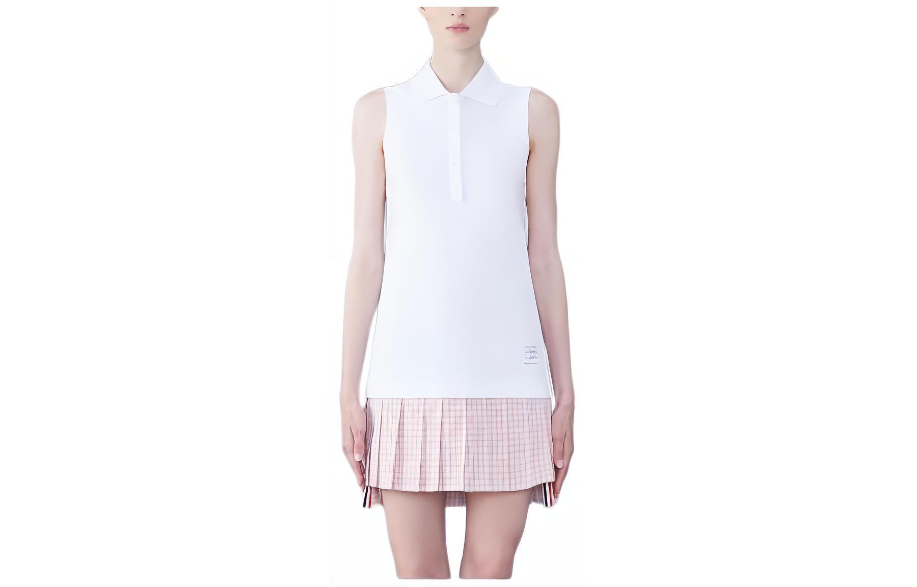 (Women) Thom Browne  White Sleeveless Pleated Cotton Dress with Logo Patch. FJD107A-00050-100