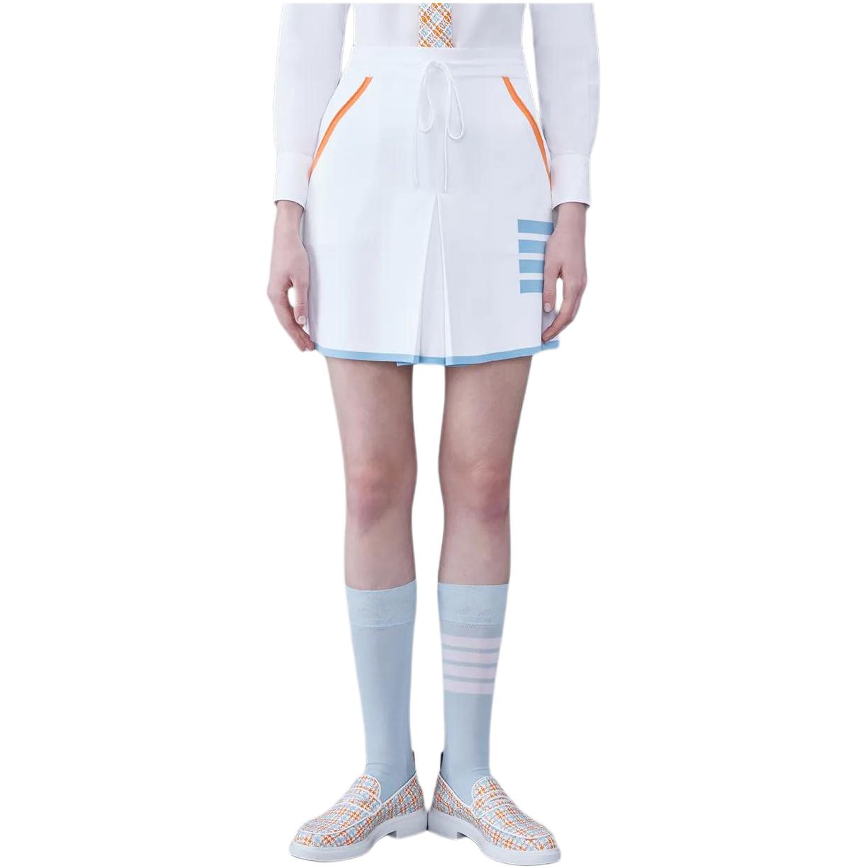 (Women) THOM BROWNE  White SS24 Classic 4-Stripe Mini Elastic Waist Skirt. FKK122A-Y5502-100