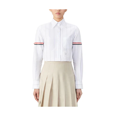 (Women) Thom Browne White Stripe Collar Button-Up Long Sleeve Shirt. FLL183O-F0660-100