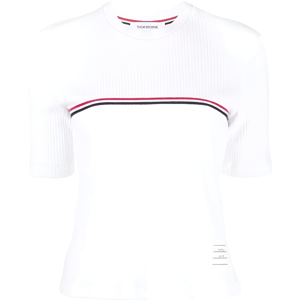 (Women) THOM BROWNE  White Striped Print Short Sleeve Pullover T-Shirt. FJS143A-J0066-100