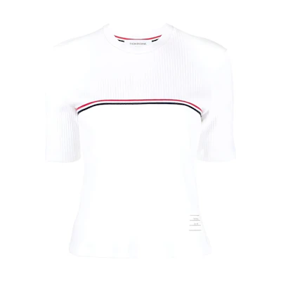 (Women) THOM BROWNE White Striped Print Short Sleeve Pullover T-Shirt. FJS143A-J0066-100