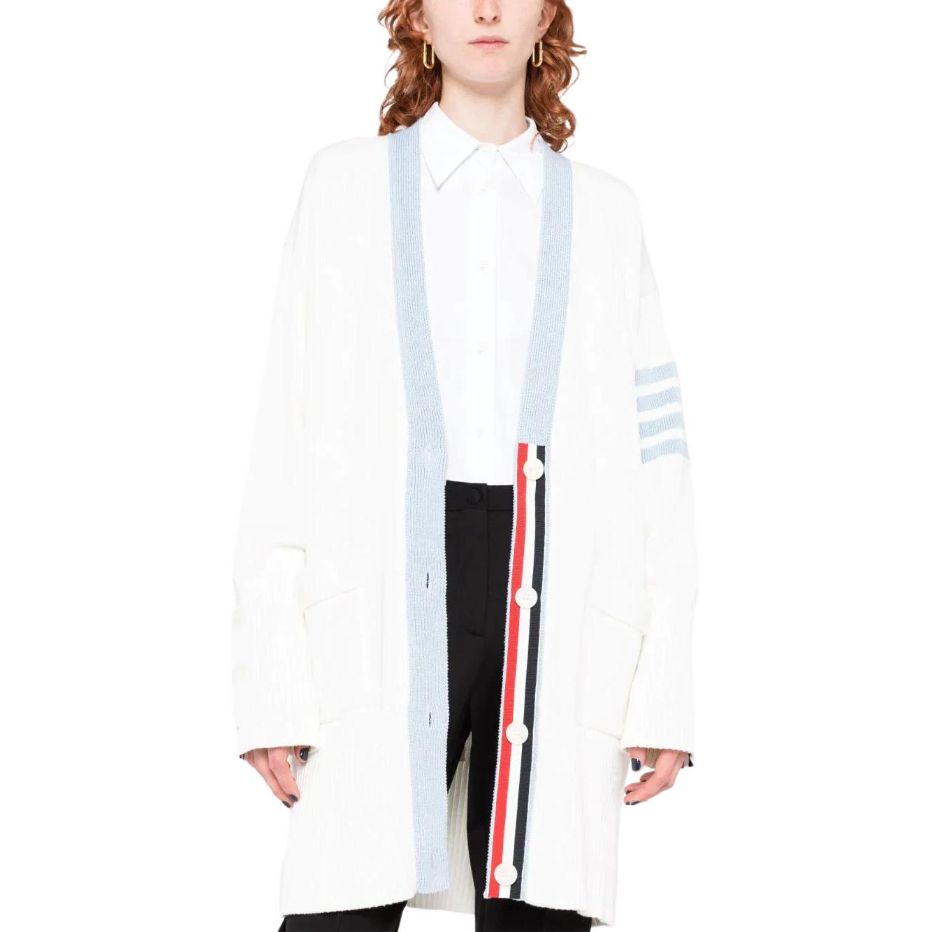(Women) Thom Browne  White Striped V-Neck Button Knit Cardigan Sweater. FKC563A-Y3017-100 圖 6