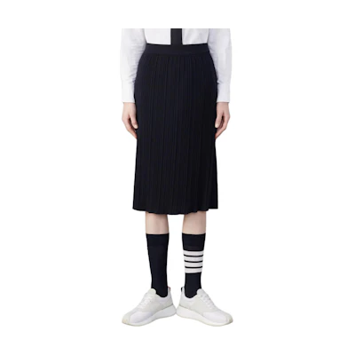 (Women) Thom Browne Wool Crepe Rib Stitch Black Midi Pleated Skirt. FKK130A-Y1045-415