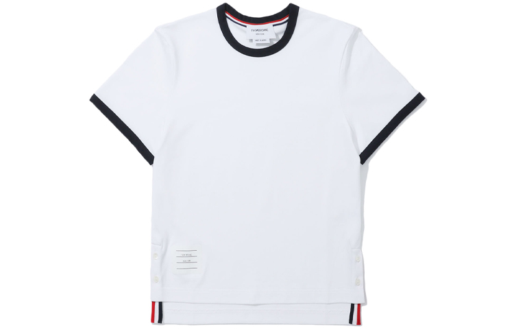 Order (W) THOM BROWNE Kaos Leher Bulat Putih dengan Trim Hitam SS21 FJS075A-00042-100