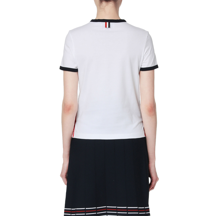 Shop (W) THOM BROWNE Kaos Leher Bulat Putih dengan Trim Hitam SS21 FJS075A-00042-100