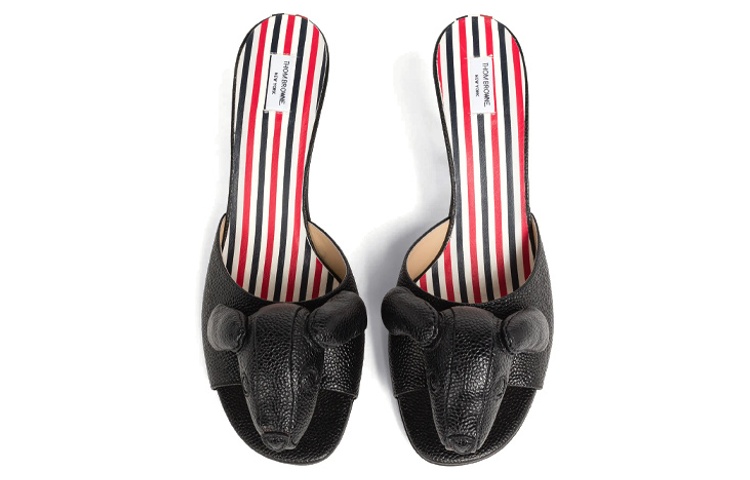 Shop THOM BROWNE 小牛皮 粗跟一字套足 時尚涼鞋 女款 黑色