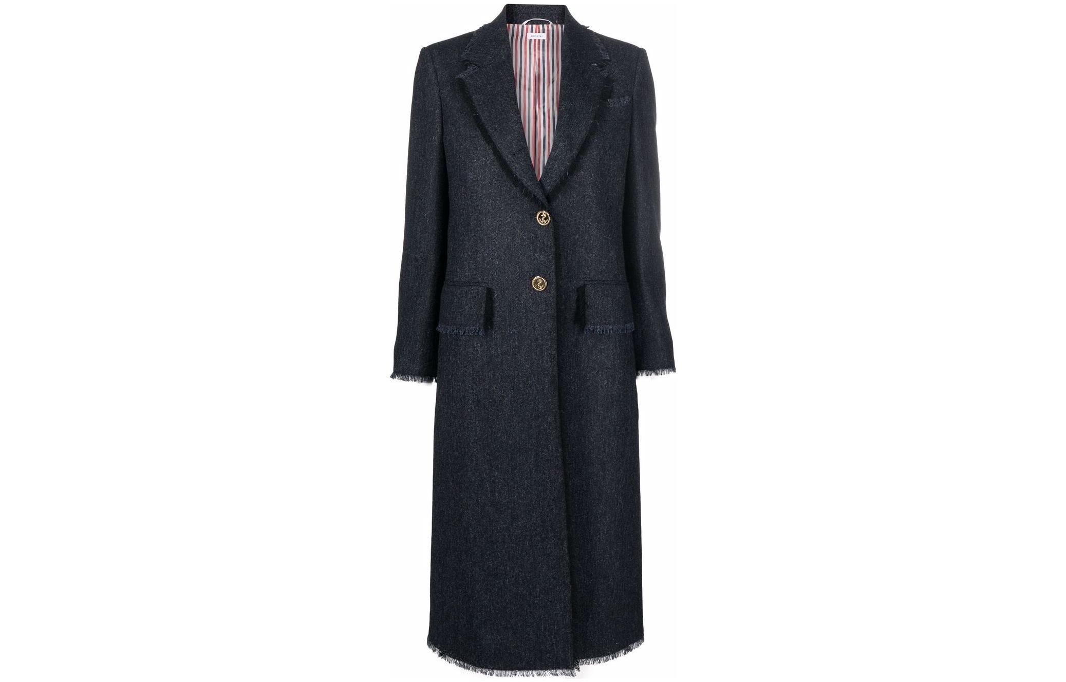 (Women) Thom Browne Distressed Edge Single-Breasted V-Neck Long Sleeve Coat Women FOC320W-05385-415