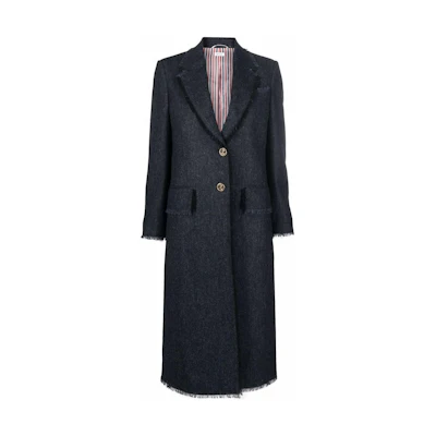 (Women) Thom Browne Distressed Edge Single-Breasted V-Neck Long Sleeve Coat Women FOC320W-05385-415