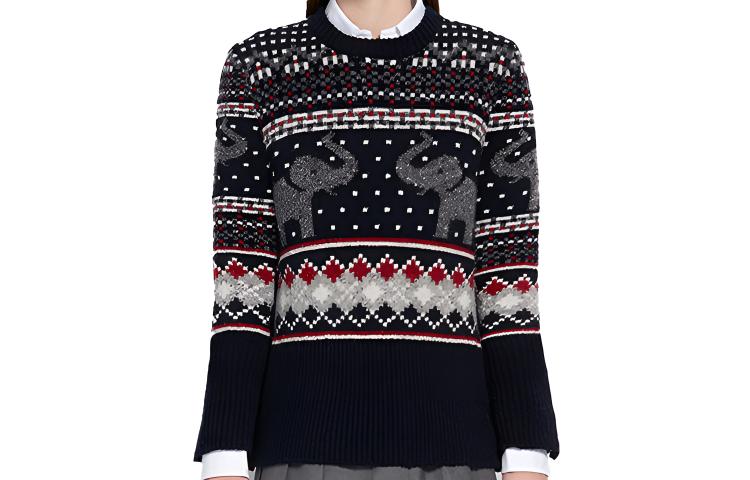 (Women) Thom Browne Elephant Pattern Wool Tweed Knit Sweater FKA287A-00278-960