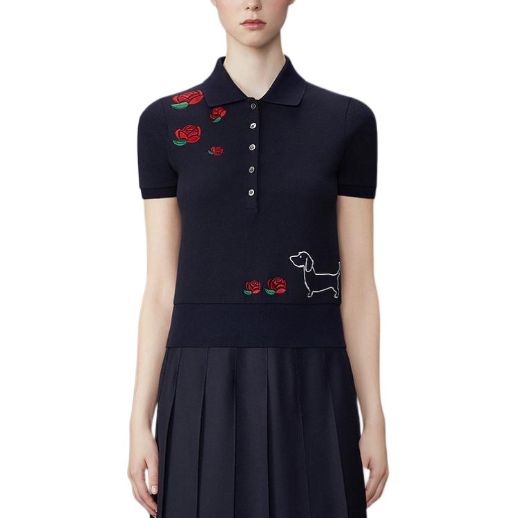 (Women) Thom Browne Floral Slim Fit  Polo Shirt Navy Blue. FJP096E-00050-415
