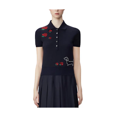 (Women) Thom Browne Floral Slim Fit Polo Shirt Navy Blue. FJP096E-00050-415