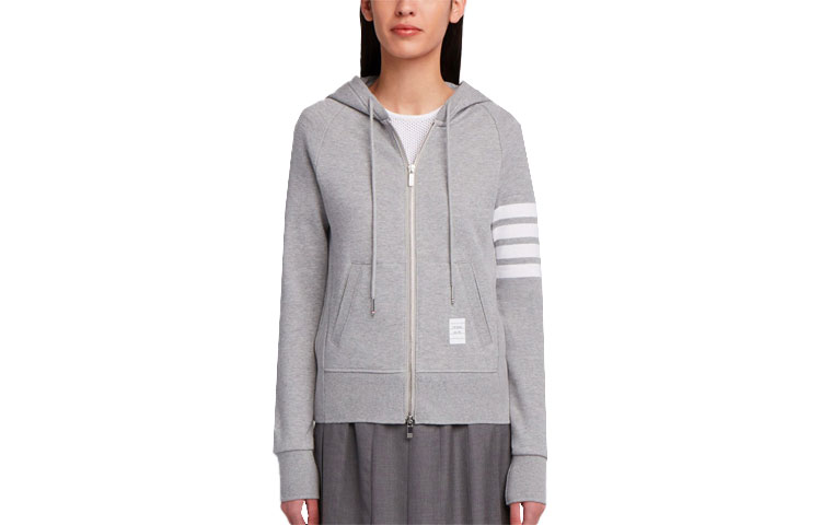 (Women) Thom Browne Four-Bar Zip Hoodie in Light Grey for Women - Fall Collection FJT001A-00535-055