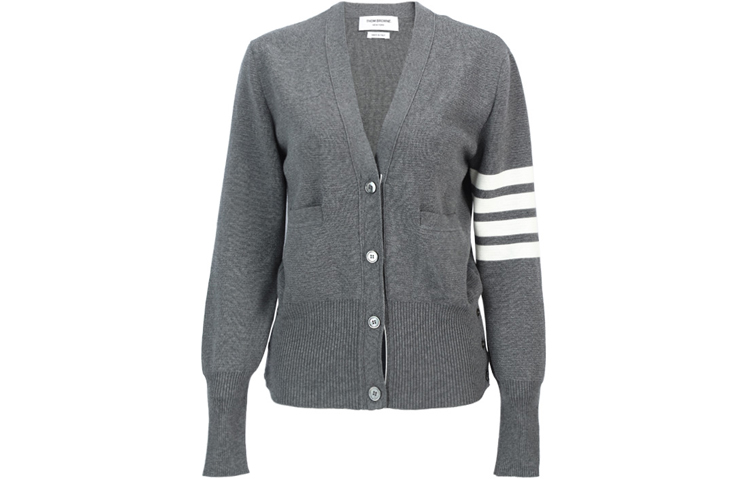 (Women) THOM BROWNE FW20 Grey V-neck Knit Sweater with Classic 4-Stripe. FKC207A-00219-035