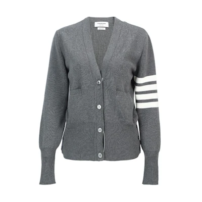 (Women) THOM BROWNE FW20 Grey V-neck Knit Sweater with Classic 4-Stripe. FKC207A-00219-035