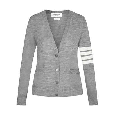 (Women) Thom Browne FW21 4-Bar V-Neck Wool Sweater - Light Grey. FKC334A-Y1014-055