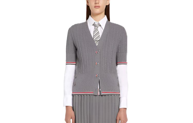 (Women) THOM BROWNE FW21  Logo V-Neck Striped Knit Top Light Grey FKC418A-Y3009-055