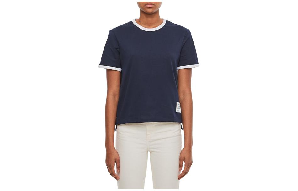 (Women) THOM BROWNE FW21 Asymmetric Hem Crewneck T-Shirt Navy Summer Tee. FJS075A-00042-415