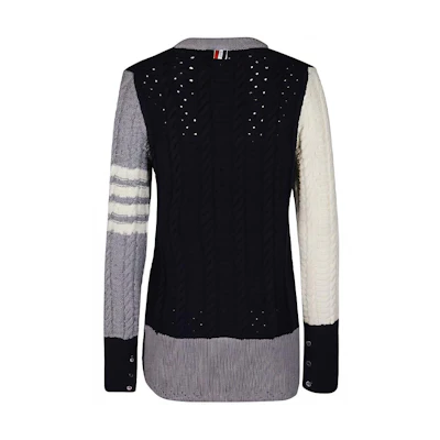 (Women) THOM BROWNE FW21 Black Wool Sweater with Logo & Striped Contrast Design. FKA341F-Y1022-996