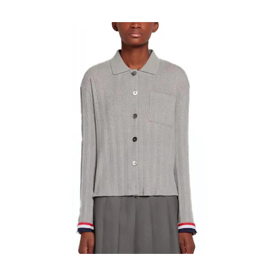 (Women) Thom Browne FW21 Grey Knit Sweater with Ribbed Striped Pattern. FJP046A-07628-055