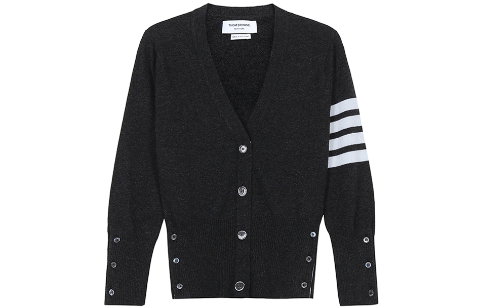 (Women) Thom Browne FW21 Grey V-neck Cashmere Sweater with Stripes. FKC001A-00011-025