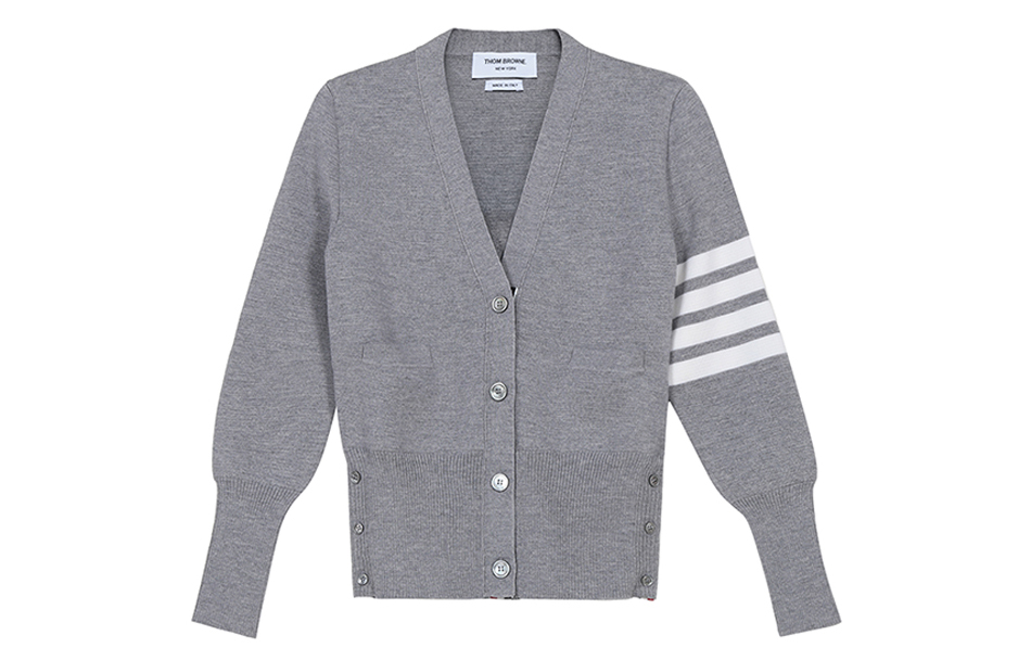 (Women) Thom Browne FW21 Grey V-Neck Wool Striped Slim Cardigan Sweater. FKC207A-00014-055
