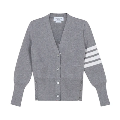 (Women) Thom Browne FW21 Grey V-Neck Wool Striped Slim Cardigan Sweater. FKC207A-00014-055