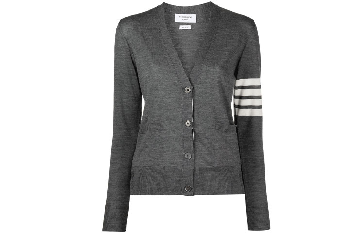 (Women) Thom Browne FW21 Grey Wool Knit Sweater with Four-Stripe V-Neck FKC334A-Y1014-035