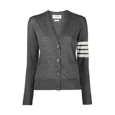 (Women) Thom Browne FW21 Grey Wool Knit Sweater with Four-Stripe V-Neck FKC334A-Y1014-035