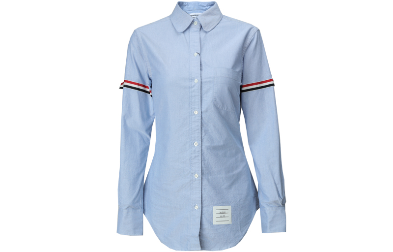 (Women) Thom Browne FW22  Blue Button-Up Shirt with RWB Striped Armband. FLL019E-06177-480