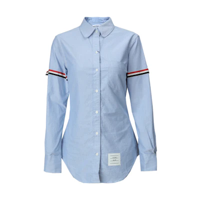 (Women) Thom Browne FW22 Blue Button-Up Shirt with RWB Striped Armband. FLL019E-06177-480