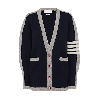(Women) THOM BROWNE FW22 Blue V-Neck Knit Cardigan with Four Stripes. FKC476A-Y1032-415