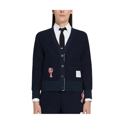 (Women) THOM BROWNE FW22 Navy Blue V-Neck Button Knit Cardigan. FJT221-EJ000-3415