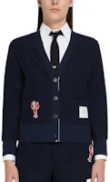 Shop (Women) THOM BROWNE FW22 Navy Blue V-Neck Button Knit Cardigan. FJT221-EJ000-3415