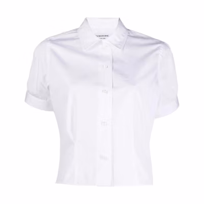 (Women) Thom Browne FW22 Short-Sleeve Single-Breasted White Shirt. FLL138A-03113-100