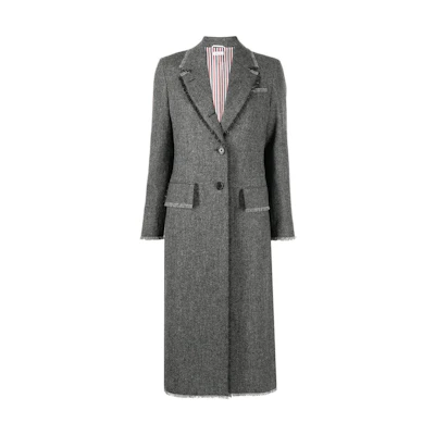 (Women) THOM BROWNE FW22 Single-Breasted Frayed Edge Overcoat Grey. FOC320W05385-035