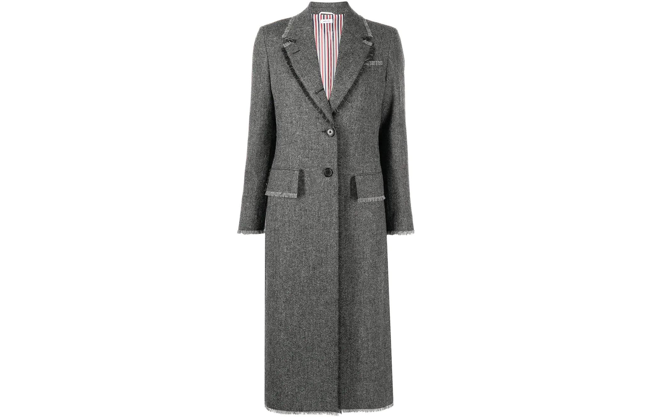 Order (W) Abrigo Thom Browne FW22 Gris de un solo pecho con bordes deshilachados. FOC320W05385-035