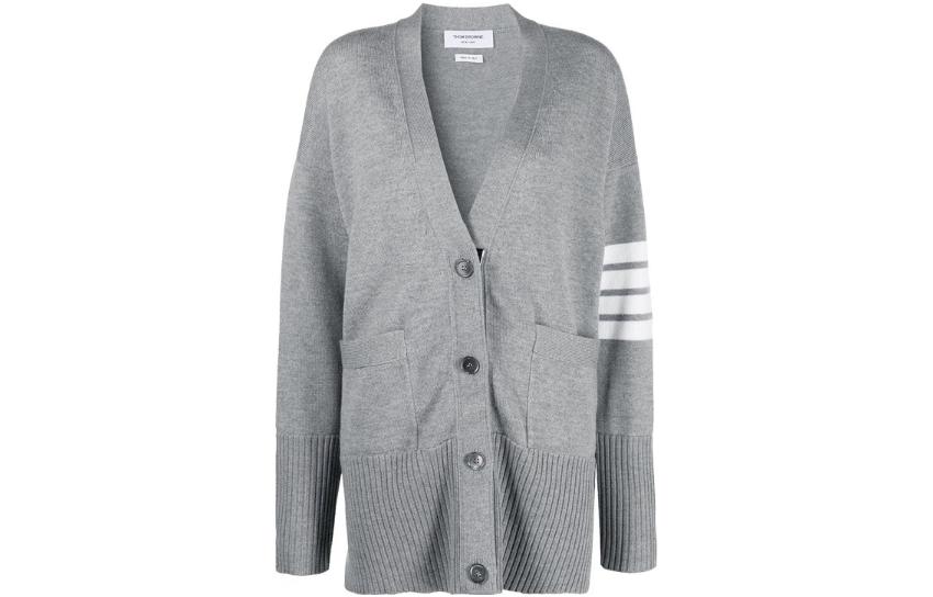 Buy (Women) Thom Browne FW22  Striped Button-Up Knit Sweater Light Grey. FKC402A-Y1002-055