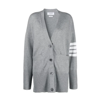 (Women) Thom Browne FW22 Striped Button-Up Knit Sweater Light Grey. FKC402A-Y1002-055