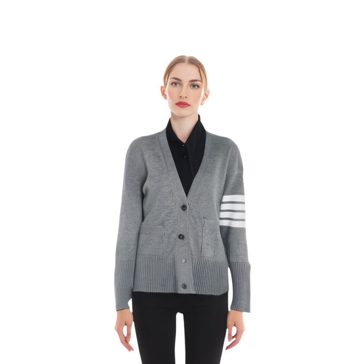 Shop (Women) Thom Browne FW22  Striped Button-Up Knit Sweater Light Grey. FKC402A-Y1002-055