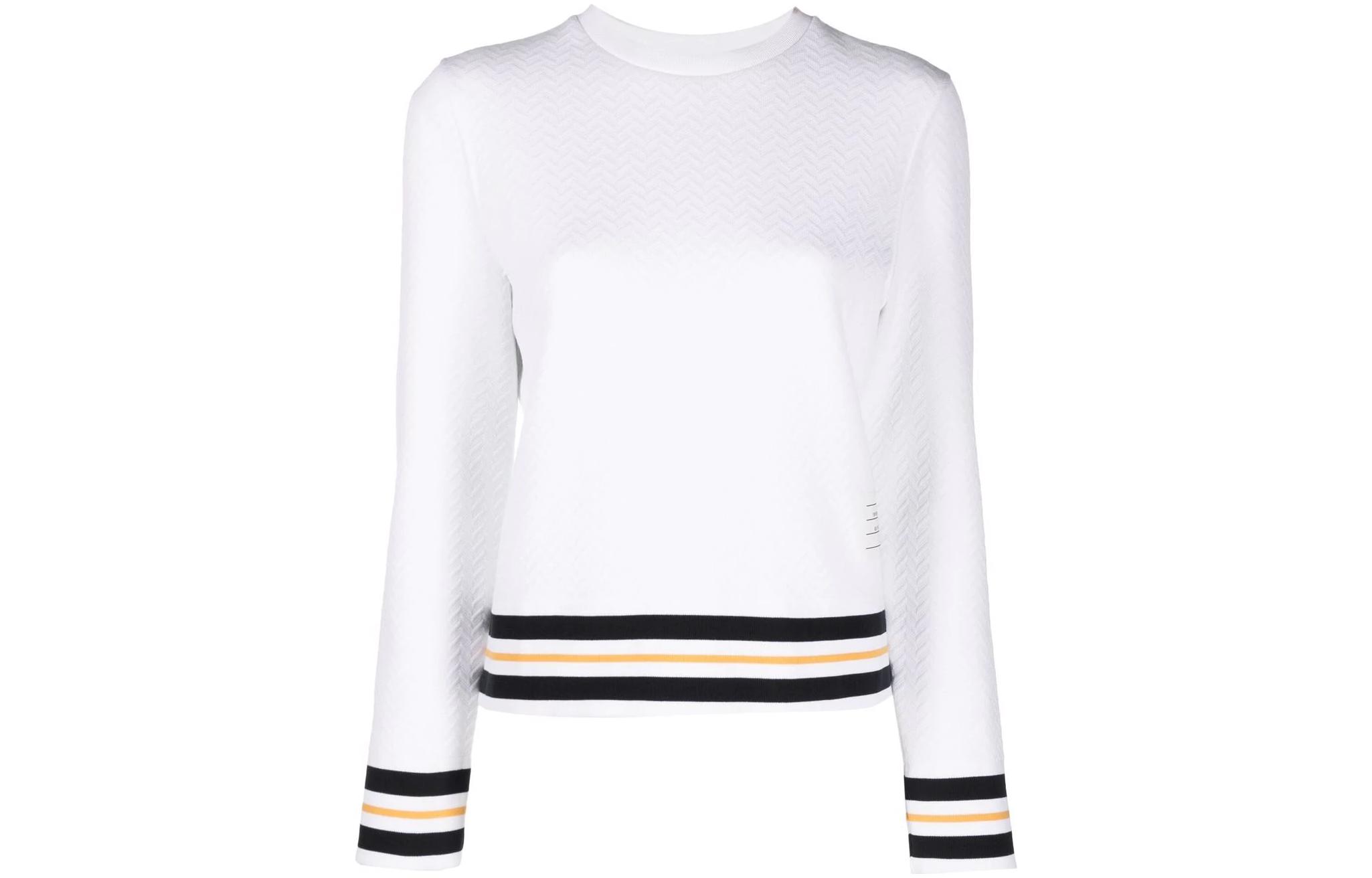 Order (W) THOM BROWNE FW22 Sudadera Blanca con Rayas Cuello Redondo Pullover FJT239A-J0033-100