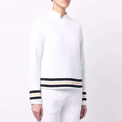 (W) THOM BROWNE FW22 Sudadera Blanca con Rayas Cuello Redondo Pullover FJT239A-J0033-100 Purchase (W) THOM BROWNE FW22 Sudadera Blanca con Rayas Cuello Redondo Pullover FJT239A-J0033-100
