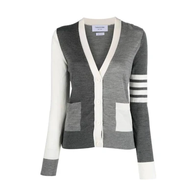 (Women) Thom Browne FW23 Gray V-Neck Long Sleeve Knit Cardigan. FKC334FY1014982