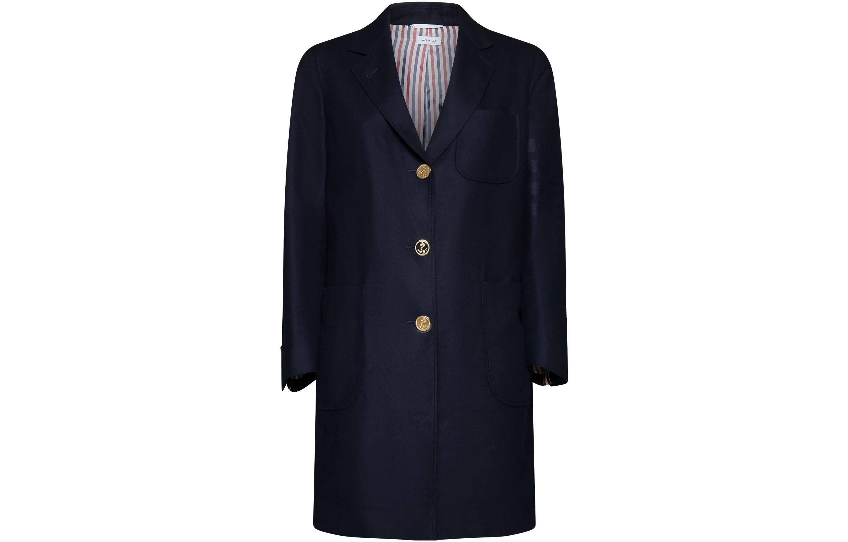(Women) THOM BROWNE FW23  Navy Mid-Length Coat Solid Color Buttoned Design. FOC293A-06393-415